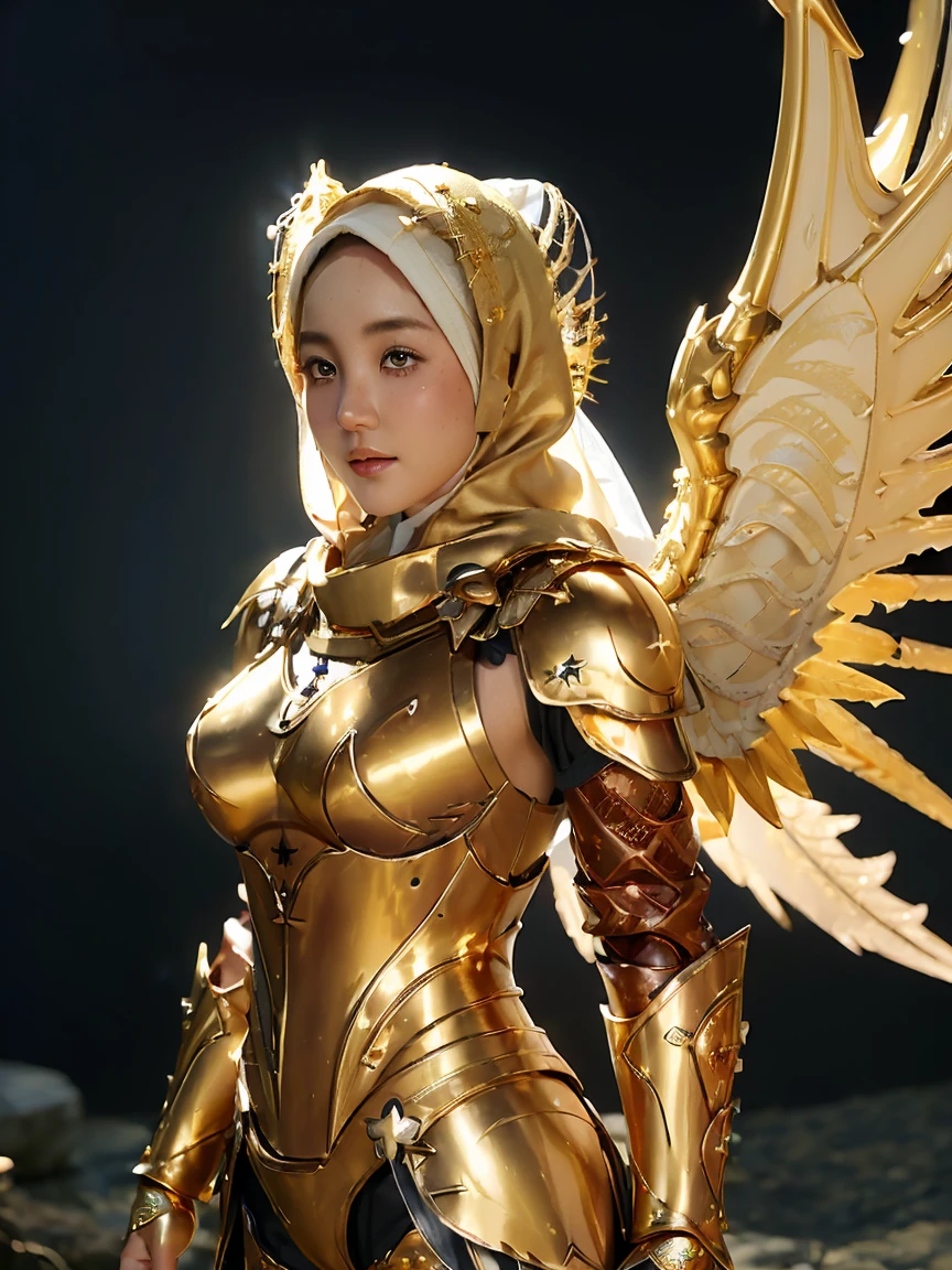 (1 Japan cutes teen with idol style), ((Top  Quality, masterpiece: 1.3)), focusing: 1.2, Perfect body care: 1.4 , (Wearing Hijab:1.2), ((Highly detailed face and skin texture)), Extremely realistic, Ultra detailed, HD, Portrait, 8K, Dressed in white and gold with spread wide big wings, (holding single flaming gold iron swords:1.2), (wearing hijab:1.5), (full iron golden armor:1.5), ornate cosplay, as a mystical valkyrie, the sailor galaxia, beautiful, white and gold priestess robes, anime cosplay, glamourous cosplay, with fiery golden wings, ((full iron trousers armor)), cosplay, professional cosplay, goddess of light, full body angel, cosplayer, perfect makeup, perfect face, beautiful face, beautiful body, arms covered with cloth, thighs covered with cloth, waterfall background, ((body object floating flying in the air:1.2)), foggy, fantasy weather, lightning strikes on either side, dramatic sttudio lighting, The atmosphere looks real, Full body shot, Front angle, ultra realistic, Professional、beautiful detail glow、Depth of bounds written、(((High chroma)))、(((real:1.9)))、((vivid:1.4))、((beautiful skin))、((skin texture))、((Real skin feel))、(((cowboy shot:1.5)))、((Angle seen from the front:1.5)), Front angle shot,