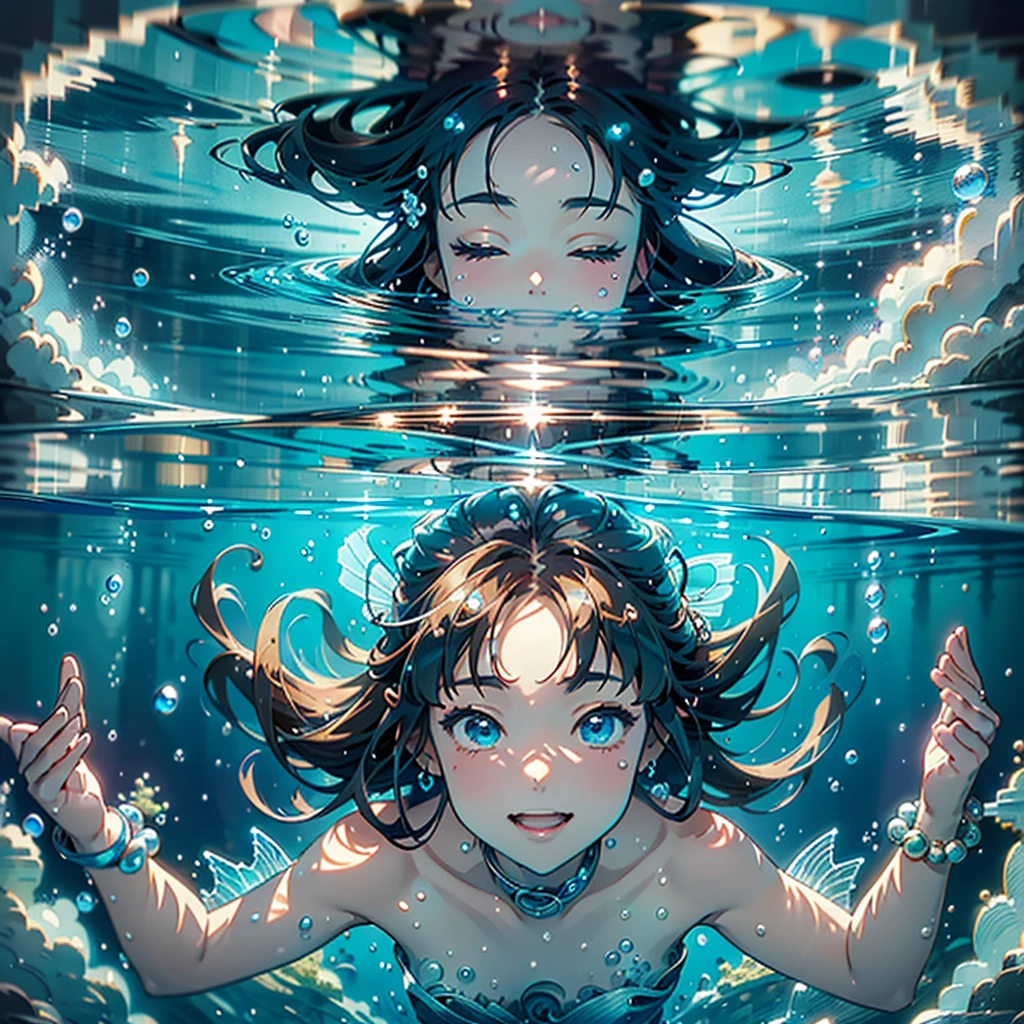 1girl、Little、cute、Absurd、Unreal、Fantasy、(((Highest quality、Masterpiece、Official Art、Super detailed、The best composition)))、Anime Style、an underwater city、Swimming towards the entrance to another world、mysterious、Face close-up、Exciting、smile、fun、Water Fairy、