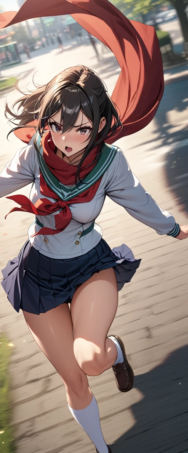 ((masterpiece, Highest quality, High resolution)), ((Highly detailed CG integrated 8K wallpaper)), ((Close-up of a dancing Japanese high school girl ))), High school sailor uniform with a red scarf, Morning scenery in the city park, (Short skirt, Long sleeve sailor suit, White socks), Detailed skin, I can see your thighs, Dynamic configuration, fast, ((Motion Blur, Background Blur)), (View from above:1.5),