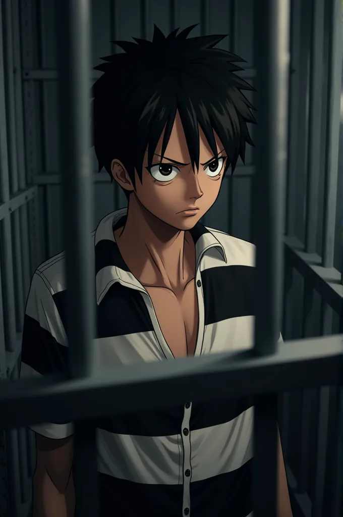 (8k, RAW Photos, Best Quality, masterpiece: 1.4), (((mono d. Luffy examining himself))), ultra high resolution, extremely detailed, bullfighting suits, Closeup of upper body, Handsome guy, black eyes, (delicate eyes, The eyes are bright: 1.2), short black hair, clear skin, Dark, Black and white striped prison uniform., Black and white striped prison pants, (perfect anatomy: 1.2), high quality shadows, natural lighting, ( White highlights: 1.2), evening, cloudy day, (Low light cells: 1.2), (Metal walls around: 1.2)