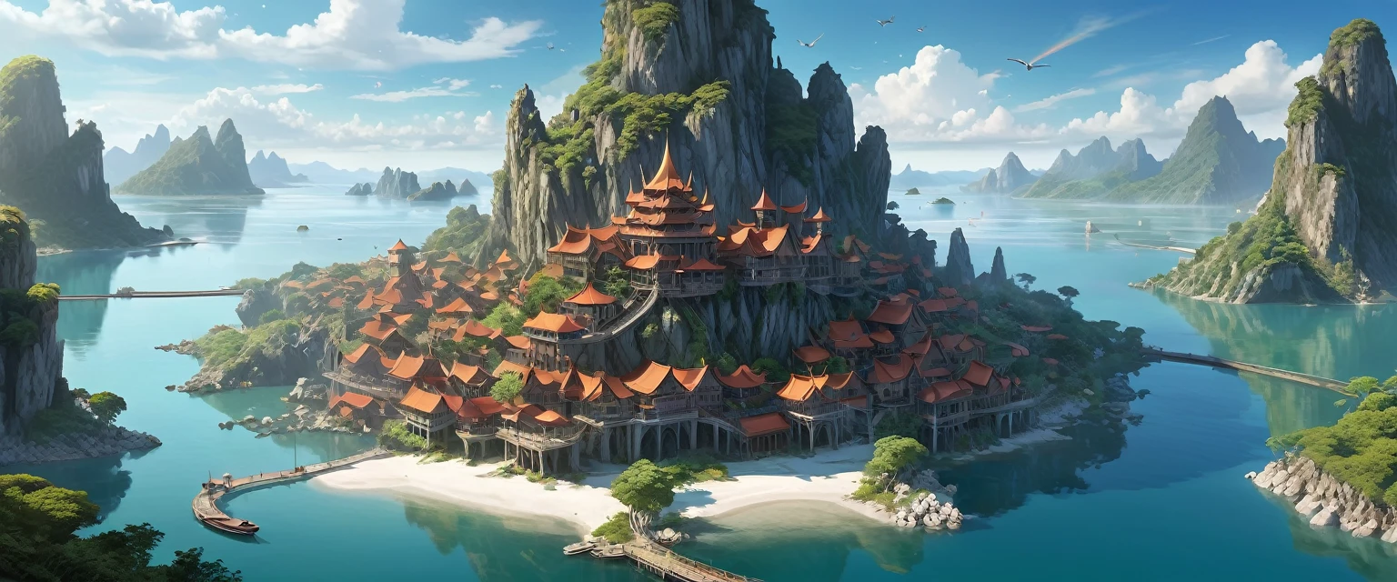 A Magical fairy tale City built on three high rocky karst island reminiscent of Hoa Long Bay. In the middle of the Great Salt Lake. Official Art – An Award-Winning Digital Masterpiece In 4K Ultra HD, Extreme Detail And Intricate Realism. Symmetrical Face. This Concept Art Brought To Life By The Hands Of Artists Like Wlop & Artgerm In A Stunning 2D Vector Illustration.. Background Is A Panoramic Vista.
