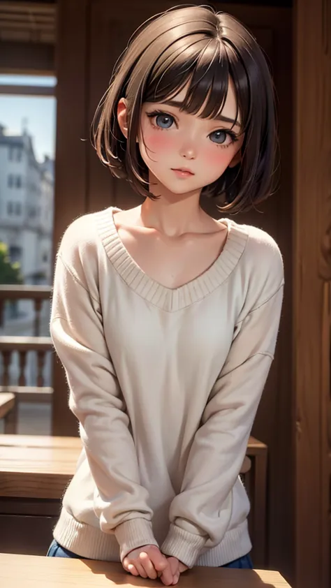 short hairと白のシャツ, summer knitwear, short hair, short hair with bangs, cute face girl, cute little face in a portrait, french bob...