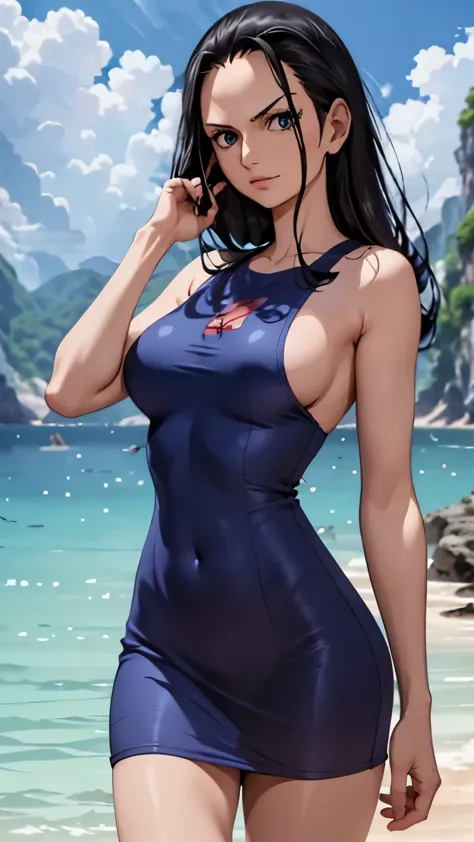 girl, nico robin, one piece, navy blue short dress without print, big , big ass, debtrom behind, debt/16, 85mm, masterpiece, ana...