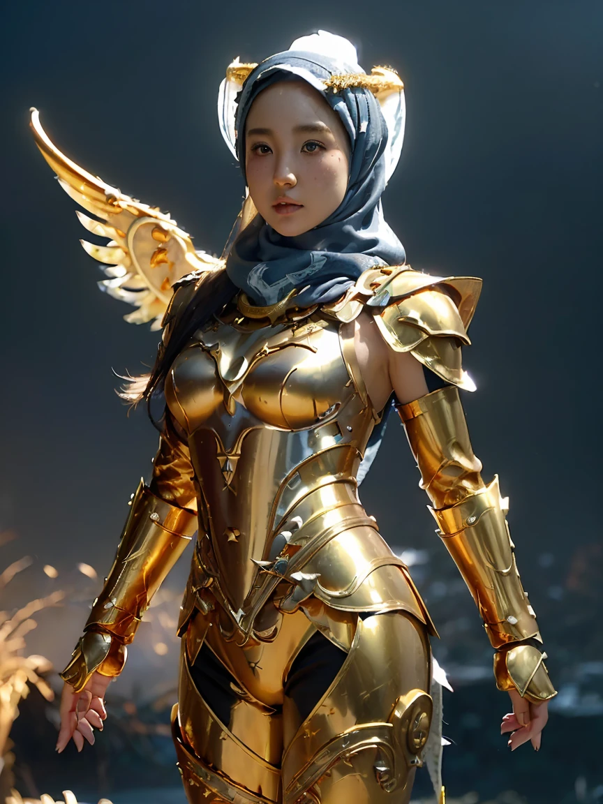 (1 Japan cutes teen with idol style), ((Top  Quality, masterpiece: 1.3)), focusing: 1.2, Perfect body care: 1.4 , (Wearing Hijab:1.2), ((Highly detailed face and skin texture)), Extremely realistic, Ultra detailed, HD, Portrait, 8K, Dressed in white and gold with spread wide big wings, (holding single flaming gold iron swords:1.2), (wearing hijab:1.5), (full iron golden armor:1.5), ornate cosplay, as a mystical valkyrie, the sailor galaxia, beautiful, white and gold priestess robes, anime cosplay, glamourous cosplay, with fiery golden wings, ((full iron trousers armor)), cosplay, professional cosplay, goddess of light, full body angel, cosplayer, perfect makeup, perfect face, beautiful face, beautiful body, arms covered with cloth, thighs covered with cloth, waterfall background, ((body object floating flying in the air:1.2)), foggy, fantasy weather, lightning strikes on either side, dramatic sttudio lighting, The atmosphere looks real, Full body shot, Front angle, ultra realistic, Professional、beautiful detail glow、Depth of bounds written、(((High chroma)))、(((real:1.9)))、((vivid:1.4))、((beautiful skin))、((skin texture))、((Real skin feel))、(((cowboy shot:1.5)))、((Angle seen from the front:1.5)), Front angle shot,