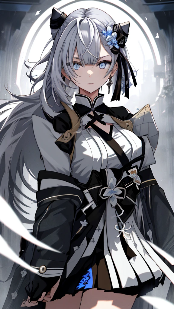 Japanese Katana Sword、Samurai sword、Full body、White one-piece military uniform、 Jet black head of hair,(masutepiece:1.2, Best Quality), (finely detailed beautiful eye: 1.2), (Detailed background,Dark Fantasy), (beautifull detailed face), High contrast, (Best Illumination, extremely delicate and beautiful), ((Cinematic Light)), Colorful, Hyper Detail, Dramatic light, Intricate details,Very blue eyes, Shining eyes, long hair flowing with the wind、large full breasts、Belt under the chest、White military uniform, White skirt, large full breasts, Long hair fluttering in the wind,, Her eyes are a bright blue, Black tie, Belt under the chest, gotik、Long hair with blue inner、White long-sleeved military uniform、Suit and sword