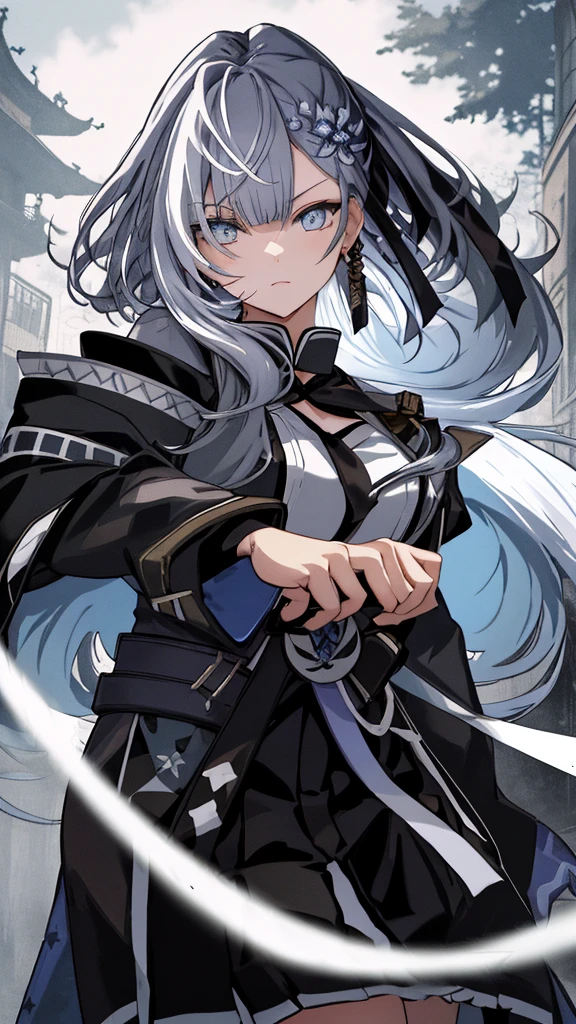 Japanese Katana Sword、Samurai sword、Full body、White one-piece military uniform、 Jet black head of hair,(masutepiece:1.2, Best Quality), (finely detailed beautiful eye: 1.2), (Detailed background,Dark Fantasy), (beautifull detailed face), High contrast, (Best Illumination, extremely delicate and beautiful), ((Cinematic Light)), Colorful, Hyper Detail, Dramatic light, Intricate details,Very blue eyes, Shining eyes, long hair flowing with the wind、large full breasts、Belt under the chest、White military uniform, White skirt, large full breasts, Long hair fluttering in the wind,, Her eyes are a bright blue, Black tie, Belt under the chest, gotik、Long hair with blue inner、White long-sleeved military uniform、Suit and sword