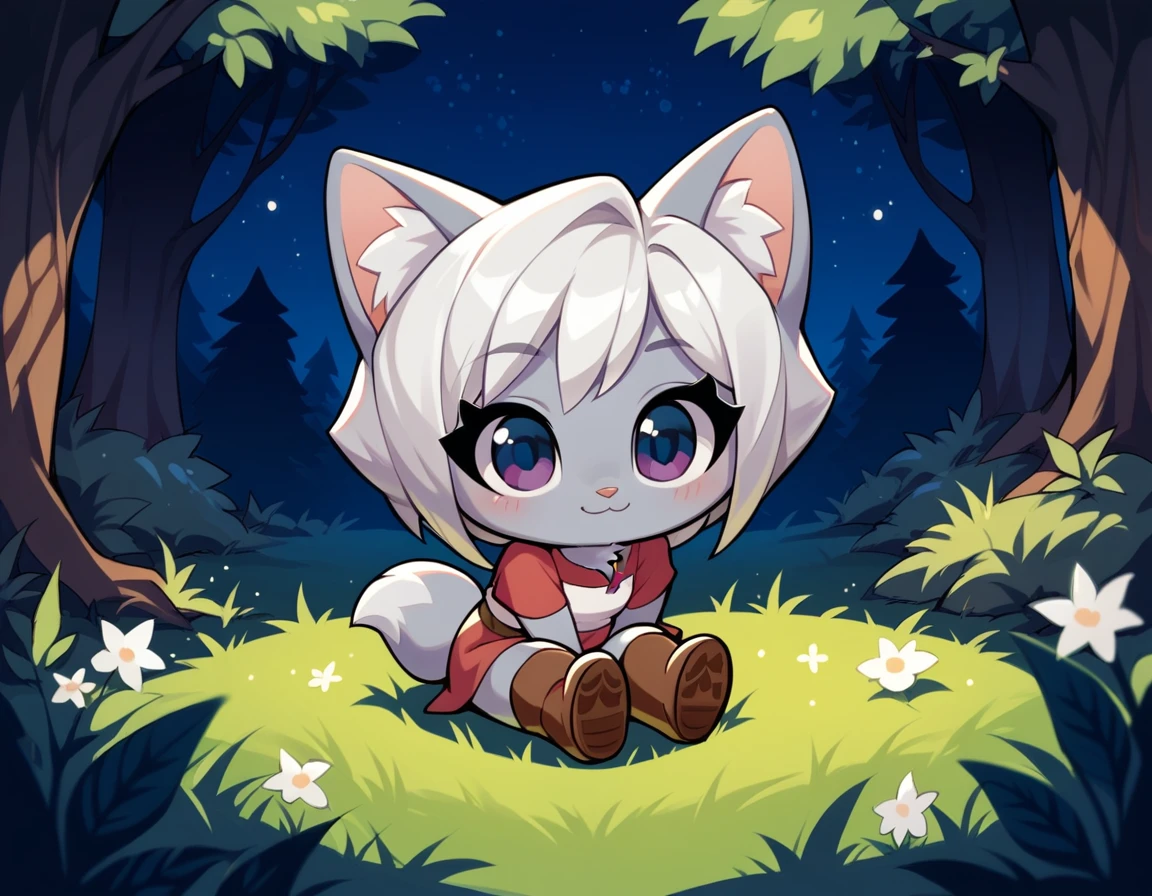 score_9, score_8_up, score_7_up, 1girl, little fox, kid girl fox, chibi, silver fur, white hair, sitting on grass, night, forest, cute