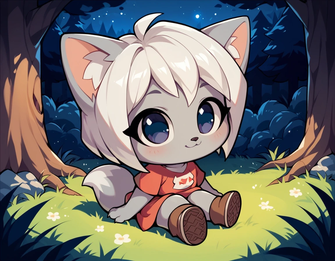 score_9, score_8_up, score_7_up, 1girl, little fox, kid girl fox, chibi, silver fur, white hair, sitting on grass, night, forest, cute