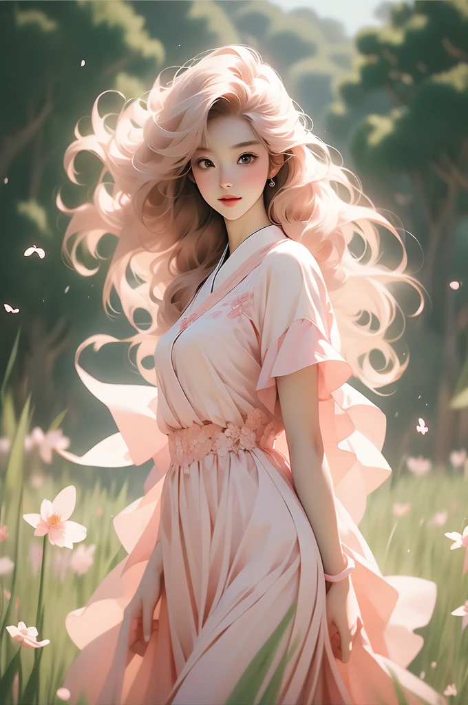 realistic photo of a korean-japanese woman: long pink hair, floral summer dress, Woman with long legs, high waist, gives an elegant and sleek impression, smiling expression enjoying the morning air in a fresh green meadow blown by the wind, the woman stretched out her arms with slender arms and delicate hands, balanced with her slender body, background of flying flowers. dramatic lighting, high contrast.