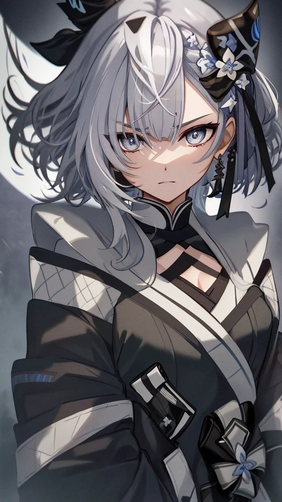 Japanese Katana Sword、Samurai sword、Full body、White one-piece military uniform、 Jet black head of hair,(masutepiece:1.2, Best Quality), (finely detailed beautiful eye: 1.2), (Detailed background,Dark Fantasy), (beautifull detailed face), High contrast, (Best Illumination, extremely delicate and beautiful), ((Cinematic Light)), Colorful, Hyper Detail, Dramatic light, Intricate details, Long hair fluttering in the wind,, Her eyes are a bright blue, Black tie, , gotik、Long hair with blue inner、