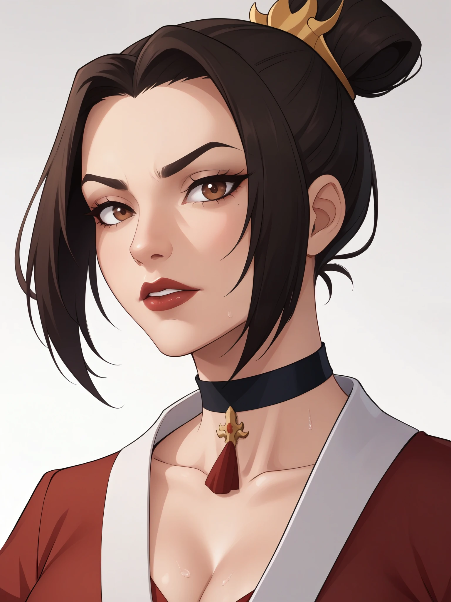 Azula. dark brown hair. cold brown eyes. choker. clothes after the nuclear apocalypse. bow