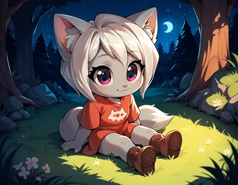 score_9, score_8_up, score_7_up, 1girl, little fox, kid girl fox, cub, silver fur, white hair, sitting on grass, night, forest, ...