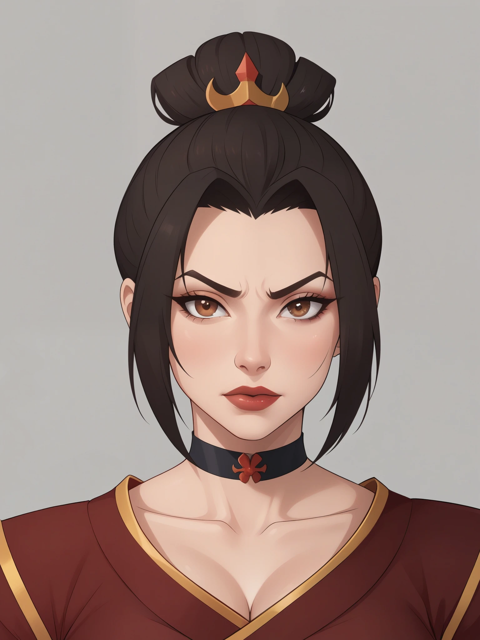 Azula. dark brown hair. cold brown eyes. choker. clothes after the nuclear apocalypse. bow