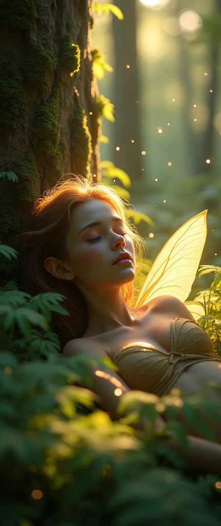 (((the night, Forest elf lying under a tree and sleeping, Fireflies everywhere))) green hair, , Resplandor radial, Flores de helecho white, optical, Panoramic lighting, atmospheric perspective, sunrise, Flat: 5D, light paint, Color, beautiful rostro, clear facial features, symmetrical transparent wings, impressive details, 8K Ultra Resolution, Awesome illustration, the best ever, Award-winning, how to be the best, ((cyan colors, Brown, green, white : 1.5)), beautiful, magical, Idyllic, epic forest scenario: 1.5, photorealistic: 1.4, skin texture: 1.4, super masterpiece, Super detailed, hyper detailed, well-defined lights and shadows, 32K