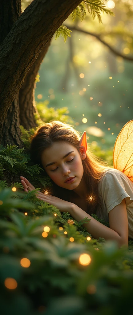 (((the night, Forest elf lying under a tree and sleeping, Fireflies everywhere))) green hair, , Resplandor radial, Flores de helecho white, optical, Panoramic lighting, atmospheric perspective, sunrise, Flat: 5D, light paint, Color, beautiful rostro, clear facial features, symmetrical transparent wings, impressive details, 8K Ultra Resolution, Awesome illustration, the best ever, Award-winning, how to be the best, ((cyan colors, Brown, green, white : 1.5)), beautiful, magical, Idyllic, epic forest scenario: 1.5, photorealistic: 1.4, skin texture: 1.4, super masterpiece, Super detailed, hyper detailed, well-defined lights and shadows, 32K