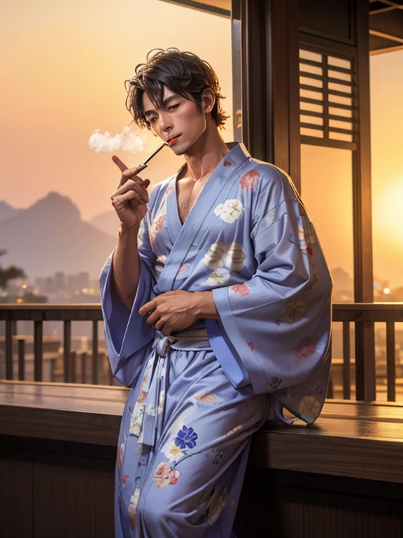 A man wearing a yukata smoking a cigarette on the veranda