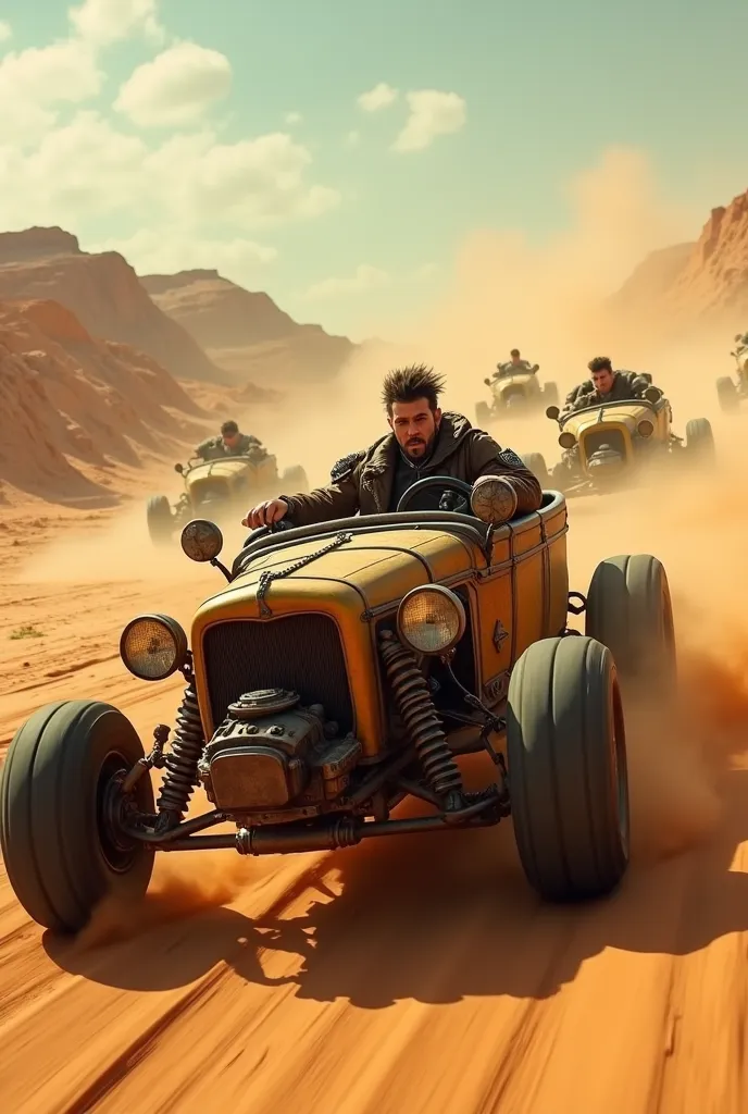 Sharp, high-resolution 8K image. The image must be super original and complex,  with a variety of beautiful and vibrant colors.(masterpiece, Best Quality),mad max style vehicle at full speed ,large vehicles leaving sand trails ,a lot of metal and epics, mad max style male drivers, punk style hairstyles metal ornaments chains. The backdrop to this masterpiece is nothing short of epic...., 
showing a destructive apocalyptic scene
