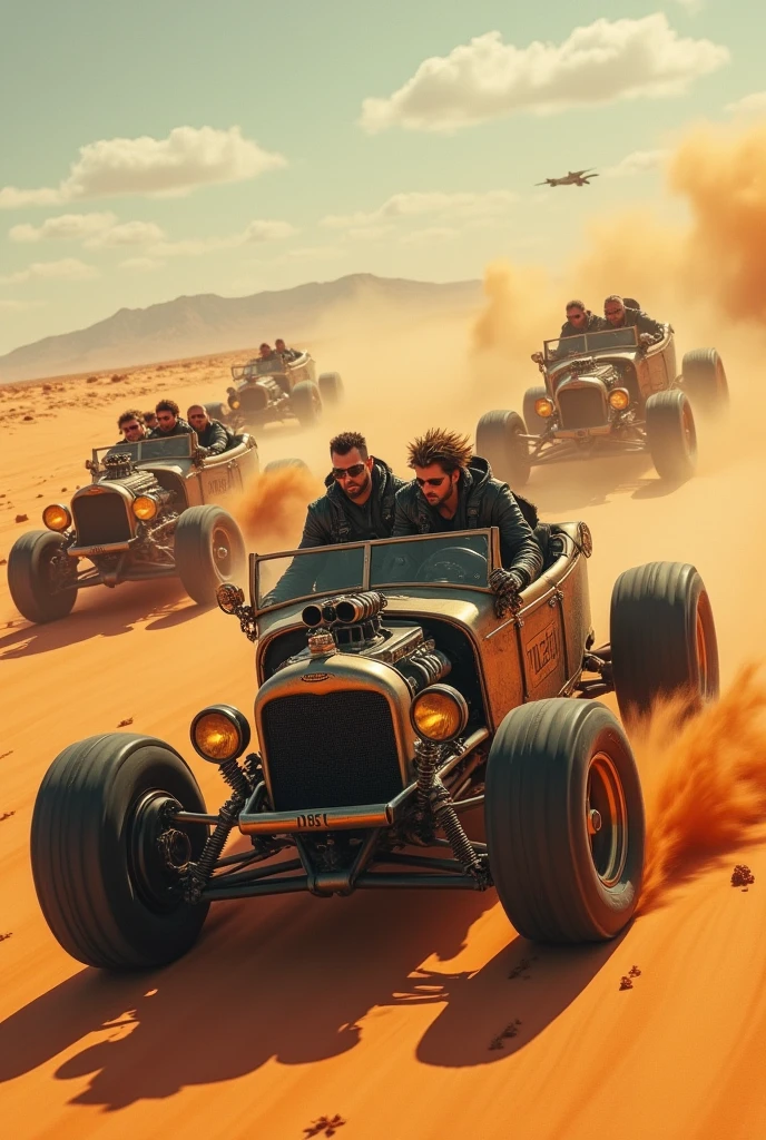 Sharp, high-resolution 8K image. The image must be super original and complex,  with a variety of beautiful and vibrant colors.(masterpiece, Best Quality),mad max style vehicle at full speed ,large vehicles leaving sand trails ,a lot of metal and epics, mad max style male drivers, punk style hairstyles metal ornaments chains. The backdrop to this masterpiece is nothing short of epic...., 
showing a destructive apocalyptic scene
