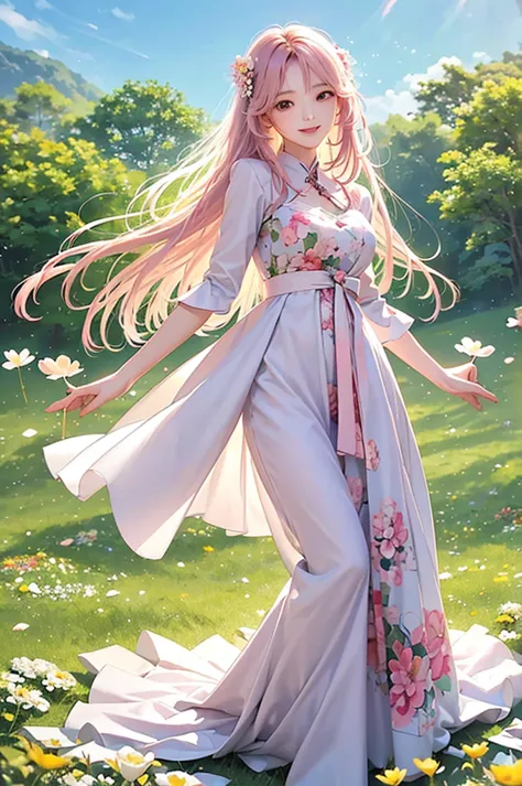 a korean-japanese woman: long pink hair, floral summer dress, woman with long legs, high waist, gives an elegant and sleek impre...