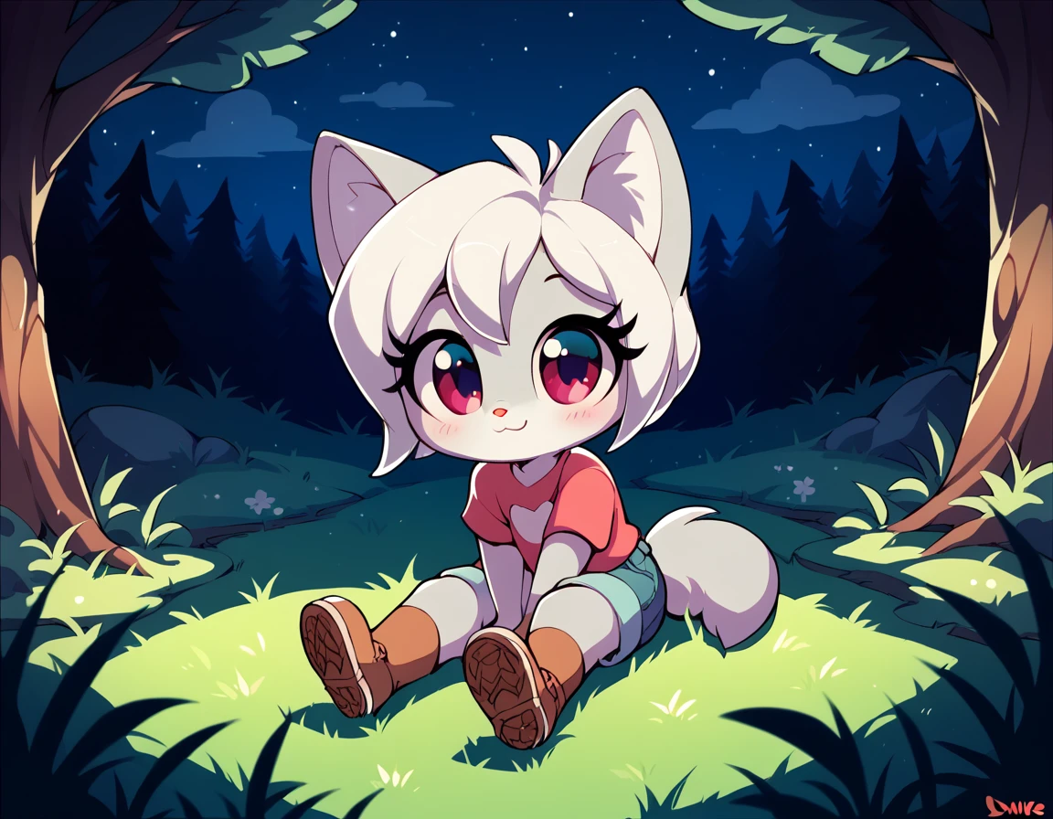 score_9, score_8_up, score_7_up, 1girl, little fox, kid girl fox, cub, silver fur, white hair, sitting on grass, night, forest, cute, by diives