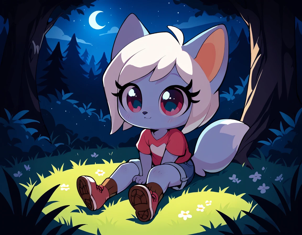 score_9, score_8_up, score_7_up, 1girl, little fox, kid girl fox, cub, silver fur, white hair, sitting on grass, night, forest, cute, by diives