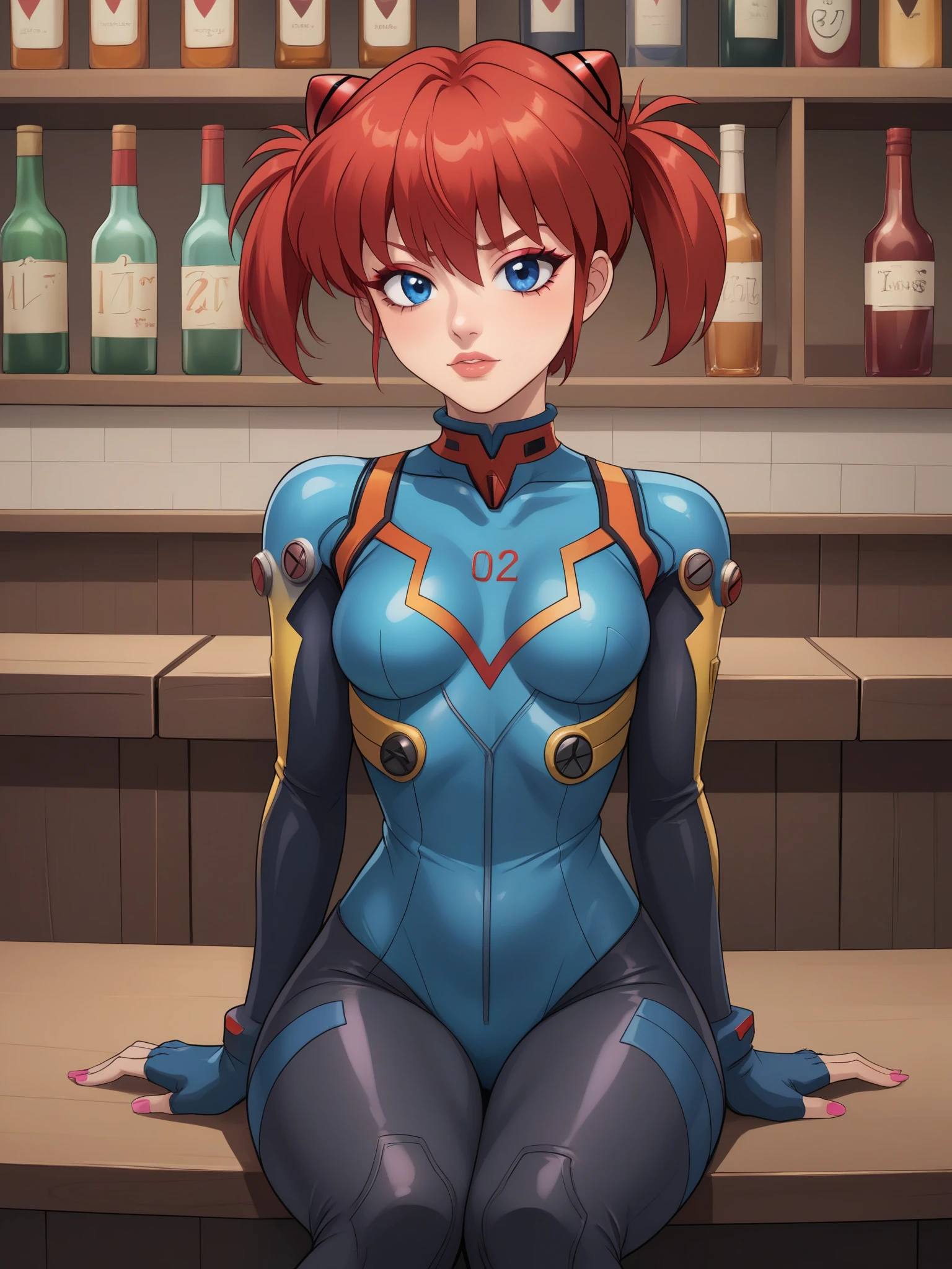 Ranma Saotome. red hair. Blue eyes. pigtail. small breasts. choker. evangelion cosplay costume. fallout vault suit. pink eyeliner. pink manicure. bar. sitting
