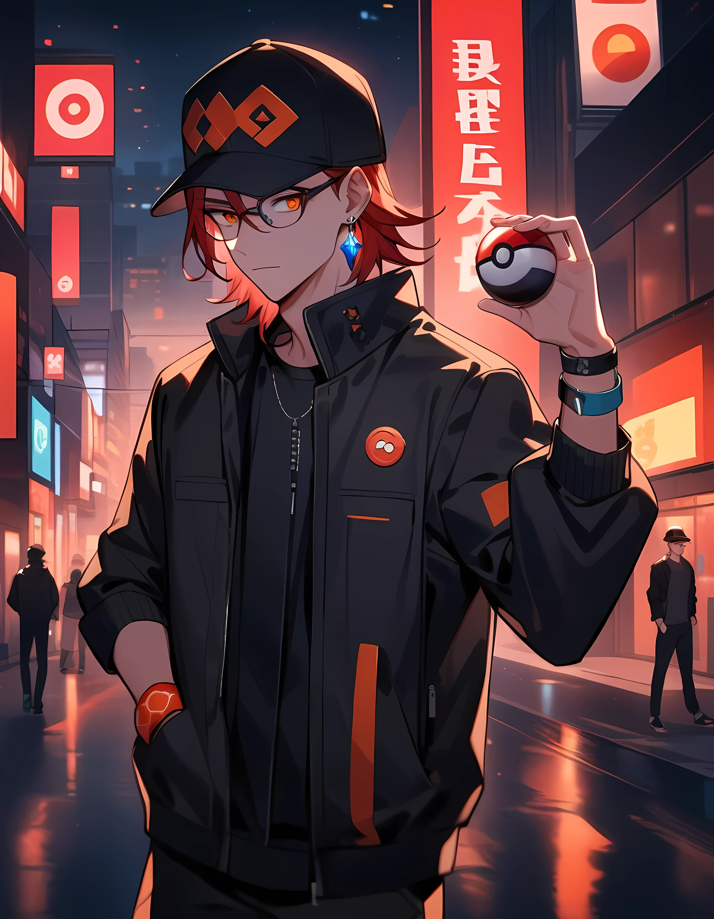 adult boy with red hair and red eyes, holds a pokeball in his hands. shorth hair, orange eyes, baseball cap with a pokeball symbol, black clothing, city at night, urban landscape, mighty. In front of a large entrance. One arm extended forward and the other in the pocket, wearing an black jacket and a pair of glasses above his cap. Your ear having a crystal earring. On your forearms, visible three special bracelets, each with a different symbol, all technological.
