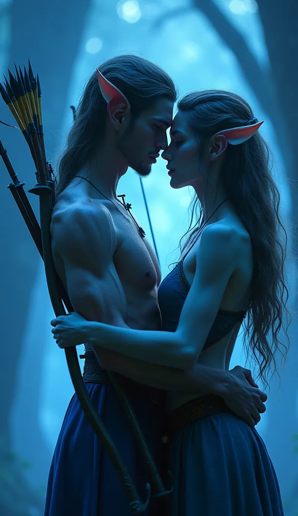 ((Of the highest quality, masterpiece, Maximum image quality, Idyllic, Handsome, 8k)), ((pareja joven de elfos hermoso y detallados heterosexual:1.5, hug and kiss face to face, heterosexual:1.5)), ((Elven clothing, bows and arrows:1.4)), ((Pointy Elf Ears, caHandsome hermoso y detallado ondulado estaba recogido:1.4)), ((Very hot and sexy, powerful elegant, Amazing beauty, perfect proportions, Beautiful body well defined and detailed, slim body beauty:1.4)), ((detailed skin, detailed eyes:1.4)), cowboy shot, (better relation: 4 fingers, 1 thumb), The skin is moist and shiny.., ((beautiful lighting all over the body:1.2)), (passionate kiss:1.3), illuminated by a blue light from below, ((epic elven setting epic lighting:1.4)),