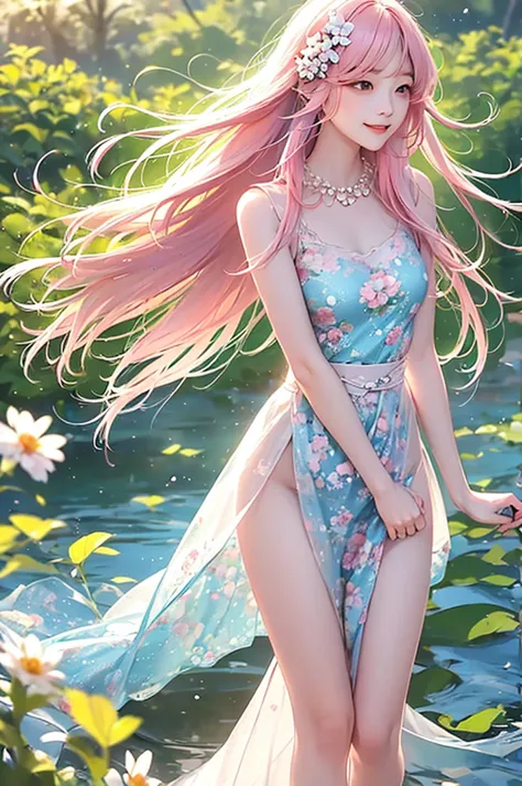 a korean-japanese woman: long pink hair, floral summer dress, woman with long legs, high waist, gives an elegant and sleek impre...