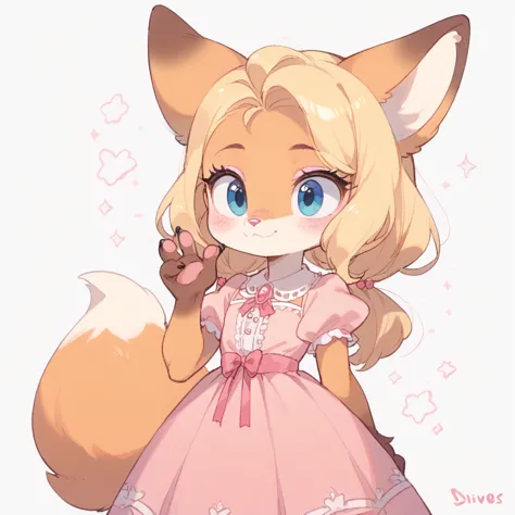 score_9, score_8_up, score_7_up, 1girl, little fox, kid girl fox, black eyebrows, hair, blonde hair, fox tail, 4 fingers, pink, ...