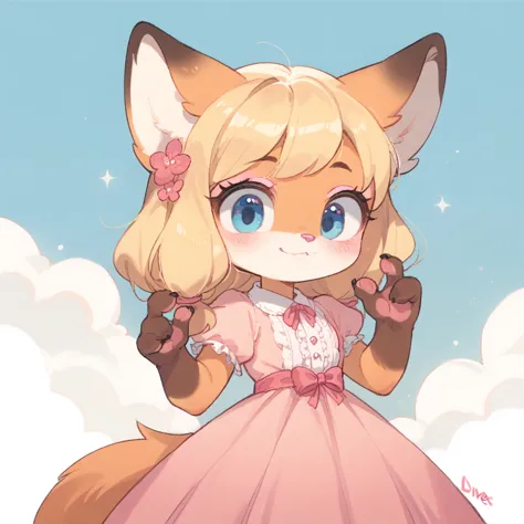 score_9, score_8_up, score_7_up, 1girl, little fox, kid girl fox, black eyebrows, hair, blonde hair, fox tail, 4 fingers, pink, ...