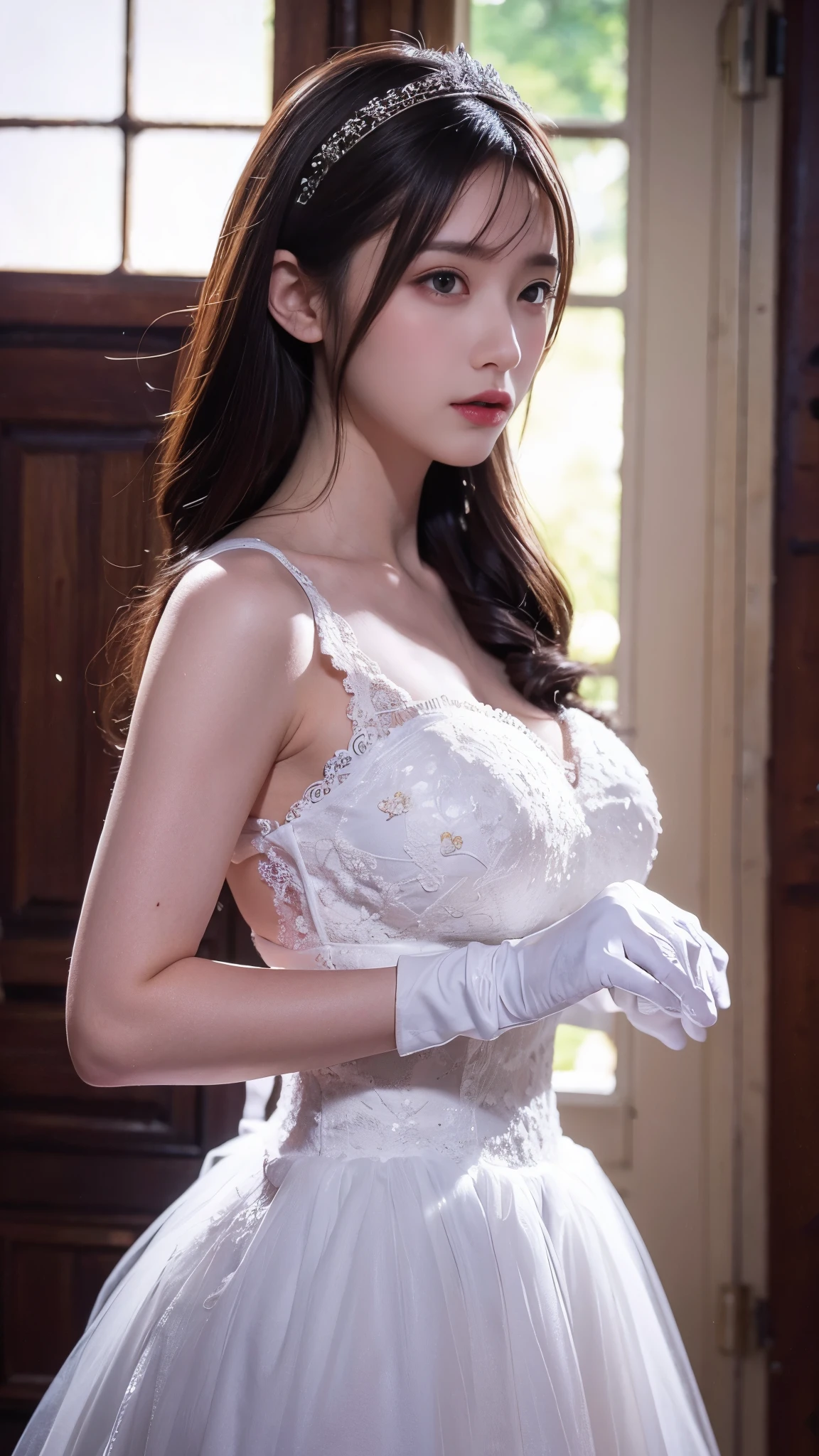 (photo realistic:1.55), masterpiece, best quality, detailed, blurry, depth_of_field, blurry_background, blurry_foreground, 1girl, gloves, white_gloves, dress, motion_blur, photo_(medium), solo, ピンクのdress