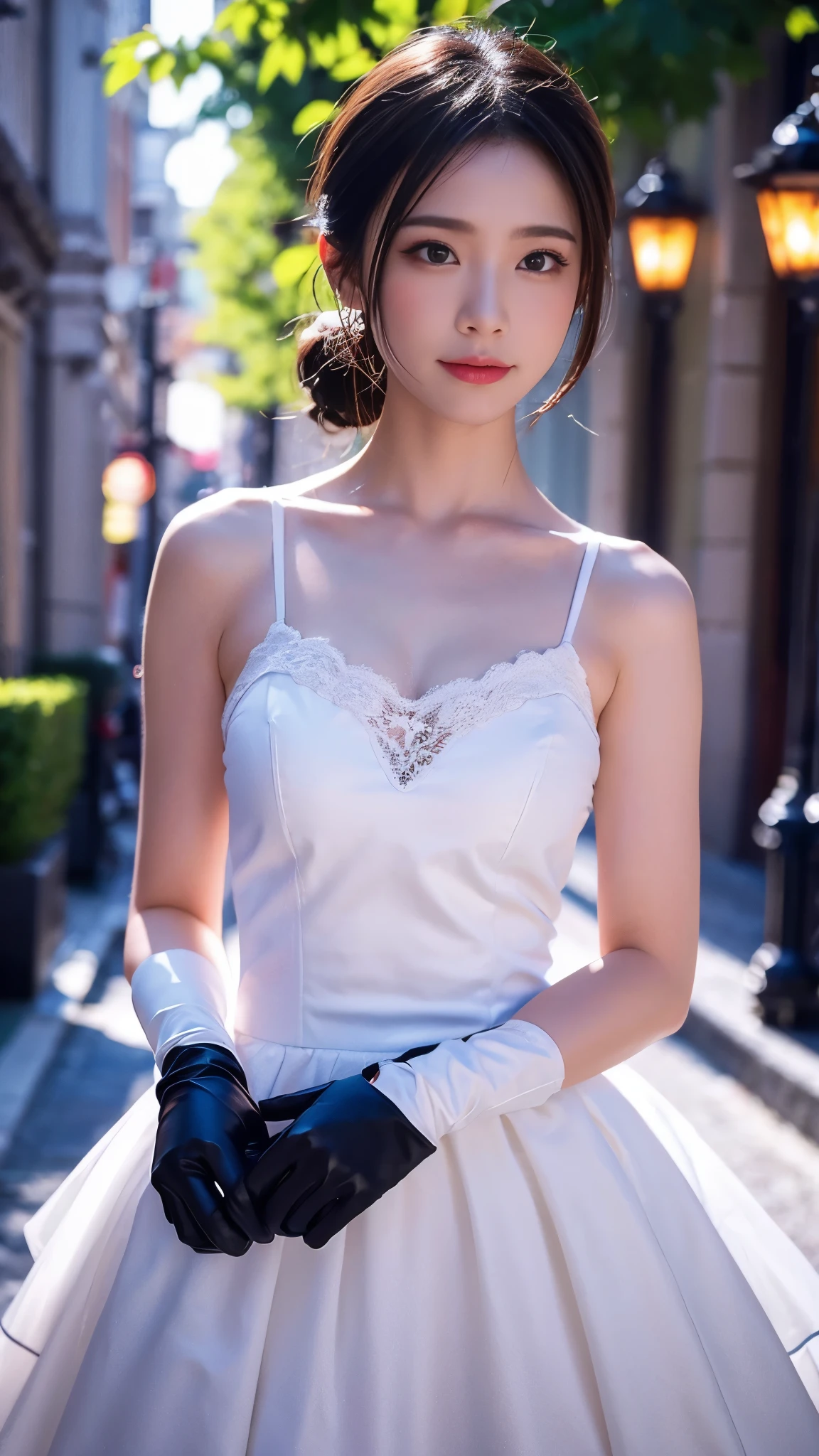 (photo realistic:1.55), masterpiece, best quality, detailed, blurry, depth_of_field, blurry_background, blurry_foreground, 1girl, gloves, white_gloves, dress, motion_blur, photo_(medium), solo, ピンクのdress