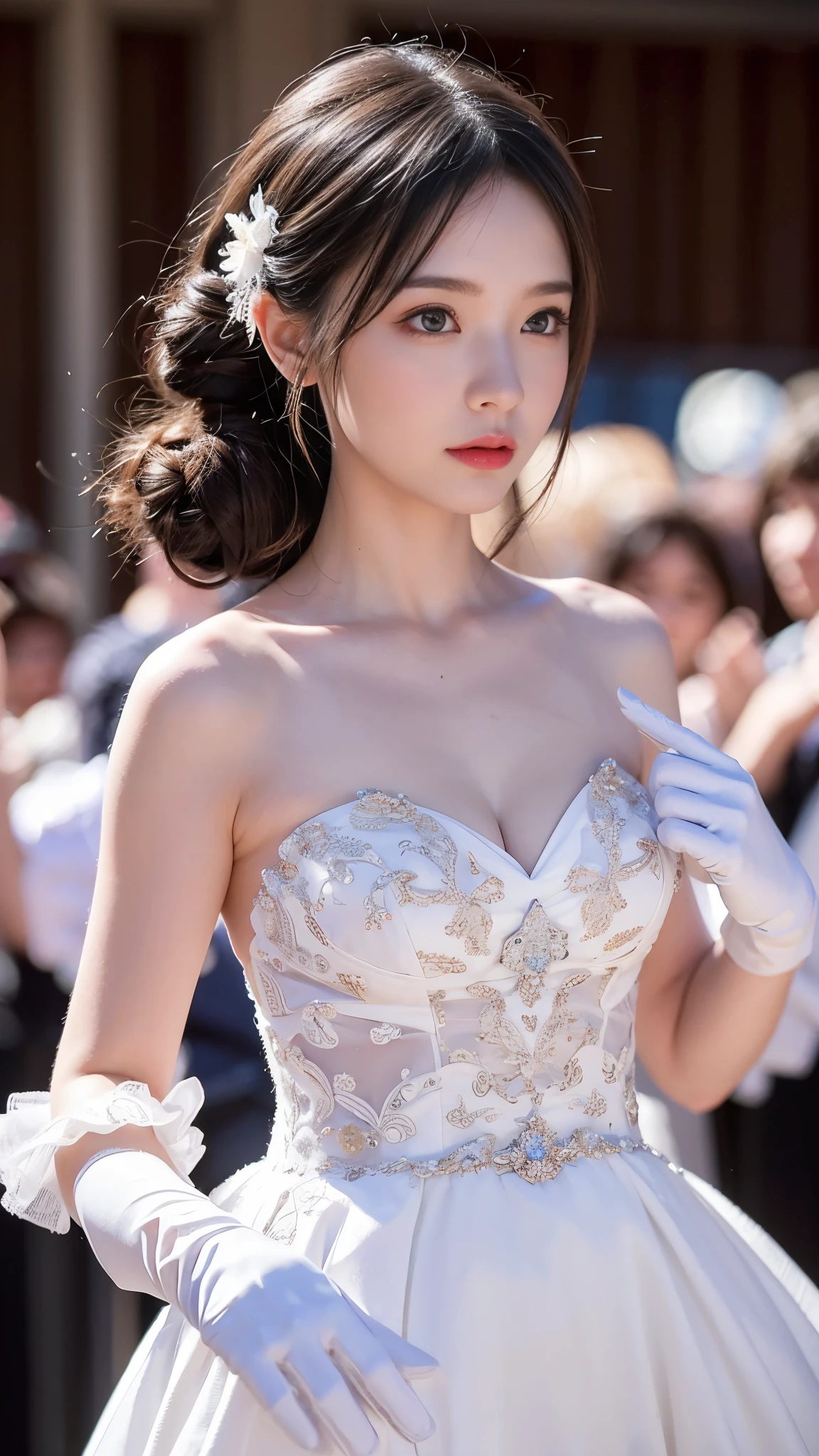 (photo realistic:1.55), masterpiece, best quality, detailed, blurry, depth_of_field, blurry_background, blurry_foreground, 1girl, gloves, white_gloves, dress, motion_blur, photo_(medium), solo, ピンクのdress