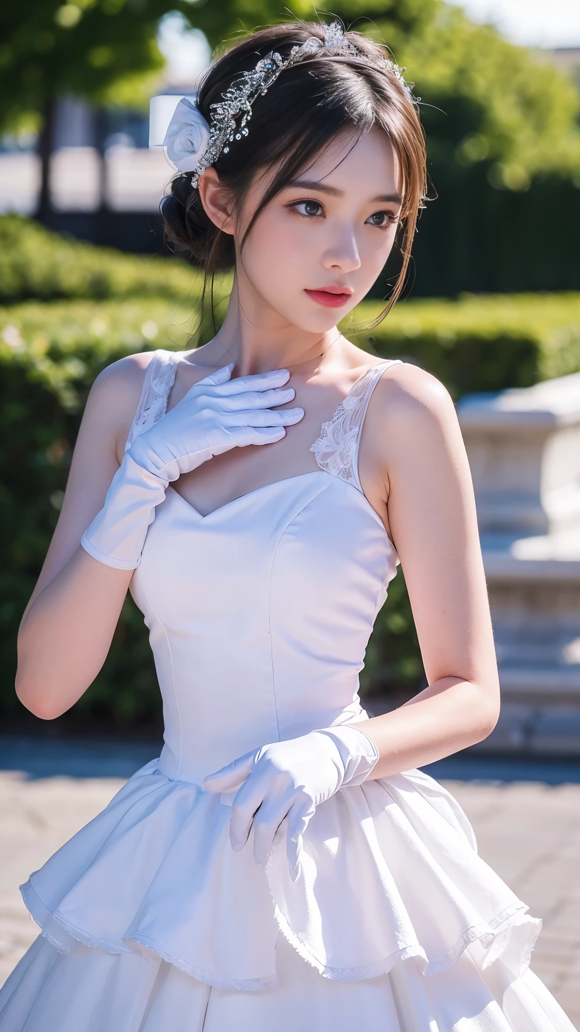 (photo realistic:1.55), masterpiece, best quality, detailed, blurry, depth_of_field, blurry_background, blurry_foreground, 1girl, gloves, white_gloves, dress, motion_blur, photo_(medium), solo, ピンクのdress