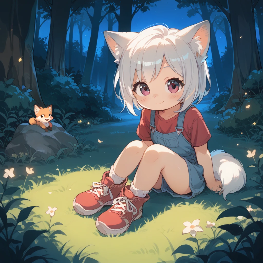 score_9, score_8_up, score_7_up, 1girl, little fox, kid girl fox, cub, silver fur, white hair, sitting on grass, night, forest, cute