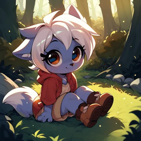 score_9, score_8_up, score_7_up, 1girl, little fox, kid girl fox, cub, silver fur, white hair, sitting on grass, night, forest, ...