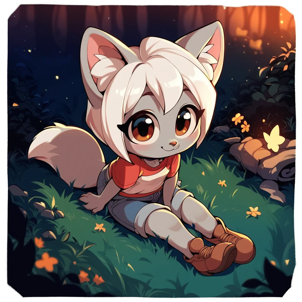 score_9, score_8_up, score_7_up, 1girl, little fox, kid girl fox, cub, silver fur, white hair, sitting on grass, night, forest, cute