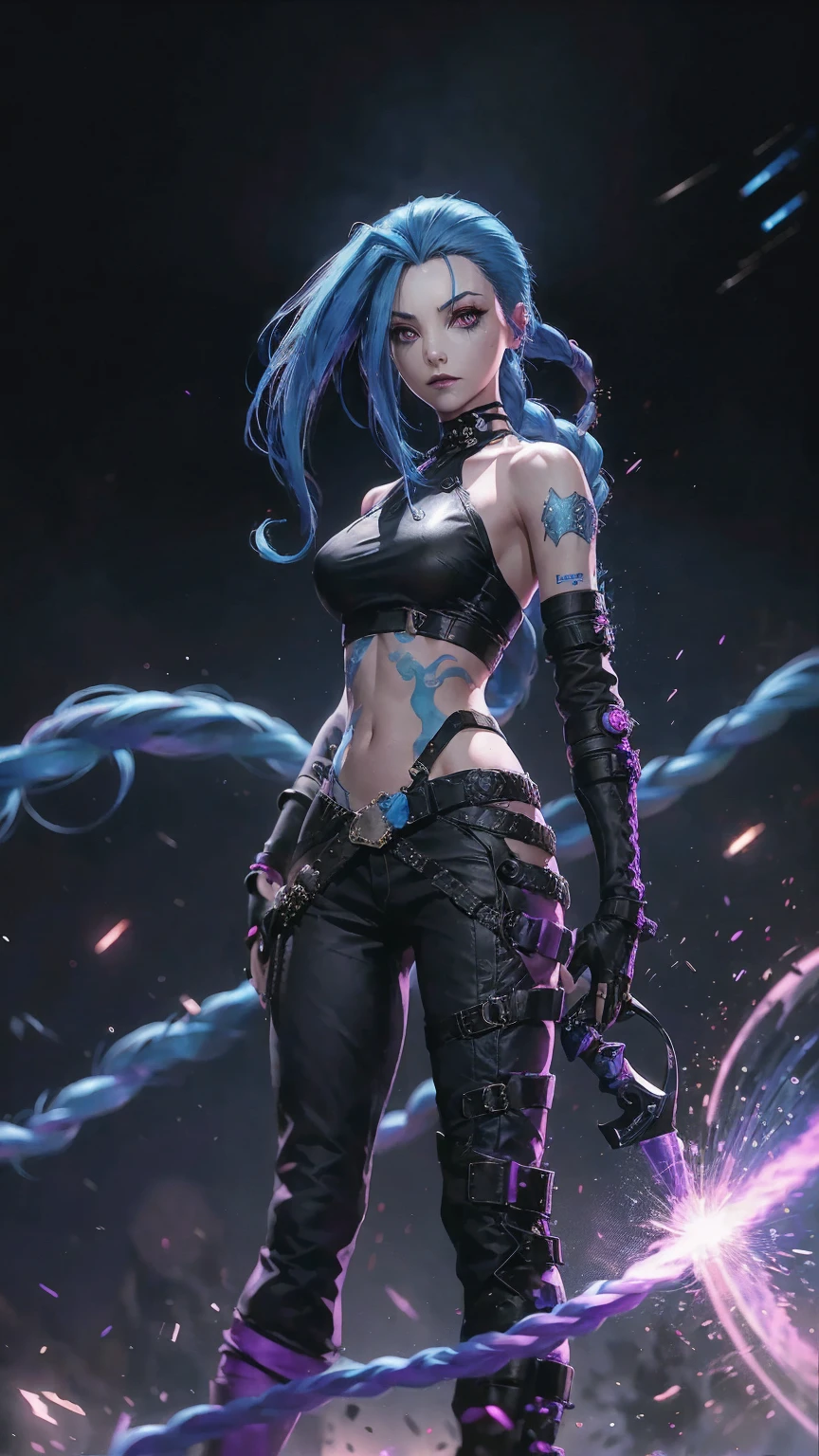 jinx arcane, uma mulher com hair blue e tatuagens, cyberpunk woman anime woman, pants, Beautiful angry cyberpunk goddess, cyberpunk artstyle, cyberpunk anime digital art, cyberpunk anime art, Arcane Jinx Retrato, cyberpunk anime art, cyberpunk themed art, cyberpunk dark fantasy, arcane style, 1 girl, cloud tattoo on the arm, asymmetrical bangs, bangss, hair blue, blue braids, brown shirt, cloud tattoo, sideways, hair blue, long hair, pink eyes, Red lips, standing , cloud tattoo, Twin braids. Arcane Jinx. Jinx in a burning place, spark, spheres of light, Film Poster, Jinx, Arcane\(league of legends\