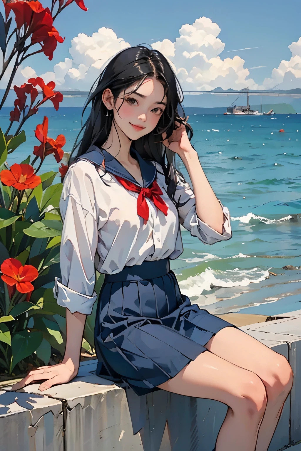 Beautiful One Japan Woman、Hair color is black、black eye、Medium Hair、Straight hair、smile、Slim but well-proportioned body,、sit on a high breakwater on the beach、The blue sky is beautiful、There is an entrance cloud、(Red canna flowers blooming)、summer、I'm wearing a sailor suit、Wearing a navy blue pleated skirt、Wear loafers、There is a road in front of the breakwater..、There is a sign indicating the bus stop.、The sea is beautiful、The horizon is beautiful、An island is visible offshore