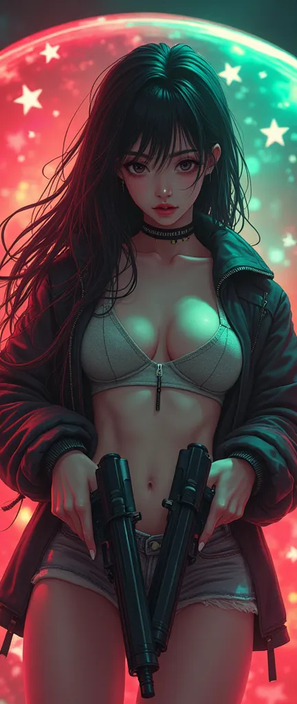 anime style :1.5,Beautiful girl with small breasts, wearing a sturdy jacket, by the width,a beautiful young woman , enchanting and fascinating in a bubble with iridescent colors, with star decorations, Machine gun weapons in cyberpunk night scene., cyberpunk red green background, (Best Quality: 1.4), (masterpiece: 1.2), detailed, complex, High resolution,32K