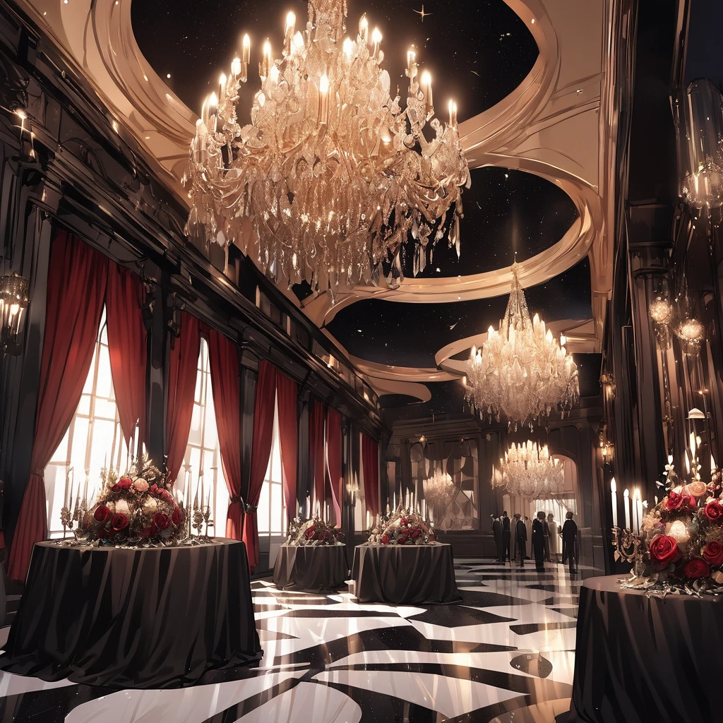 Design an elegant Gothic ball set in a grand ballroom with soaring ceilings and crystal chandeliers casting a soft glow over the room. Guests dressed in elaborate black and dark red gowns, along with men in finely tailored suits, waltz across the marble floor. The large windows reveal a night sky full of stars, and dark curtains drape the walls. The room is adorned with candelabras and dark floral arrangements, creating an atmosphere of dark luxury and timeless elegance