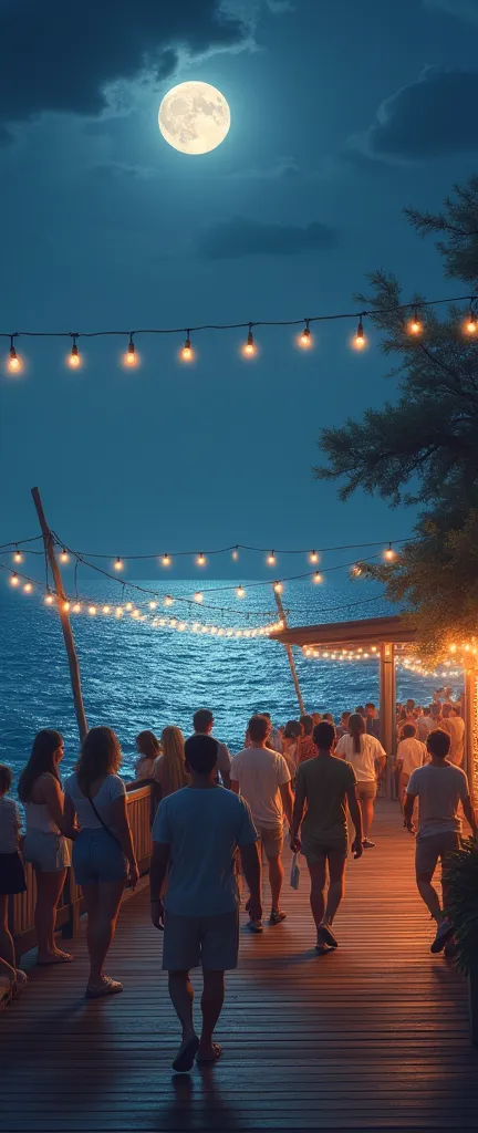 Summer Pier, at night, illuminated with string lights, people, moonlit sea, beautiful image, hyper detailed, sharp, masterpiece, HD,8k,32K