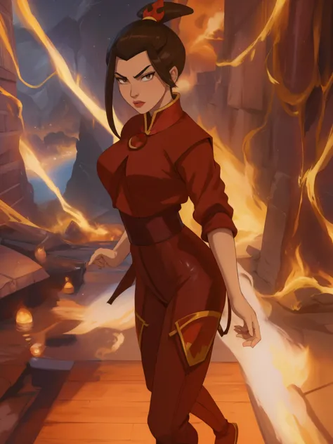 azula. dark brown hair. cold brown eyes. dark skin. . skinny. necklace. latex suit. dancer