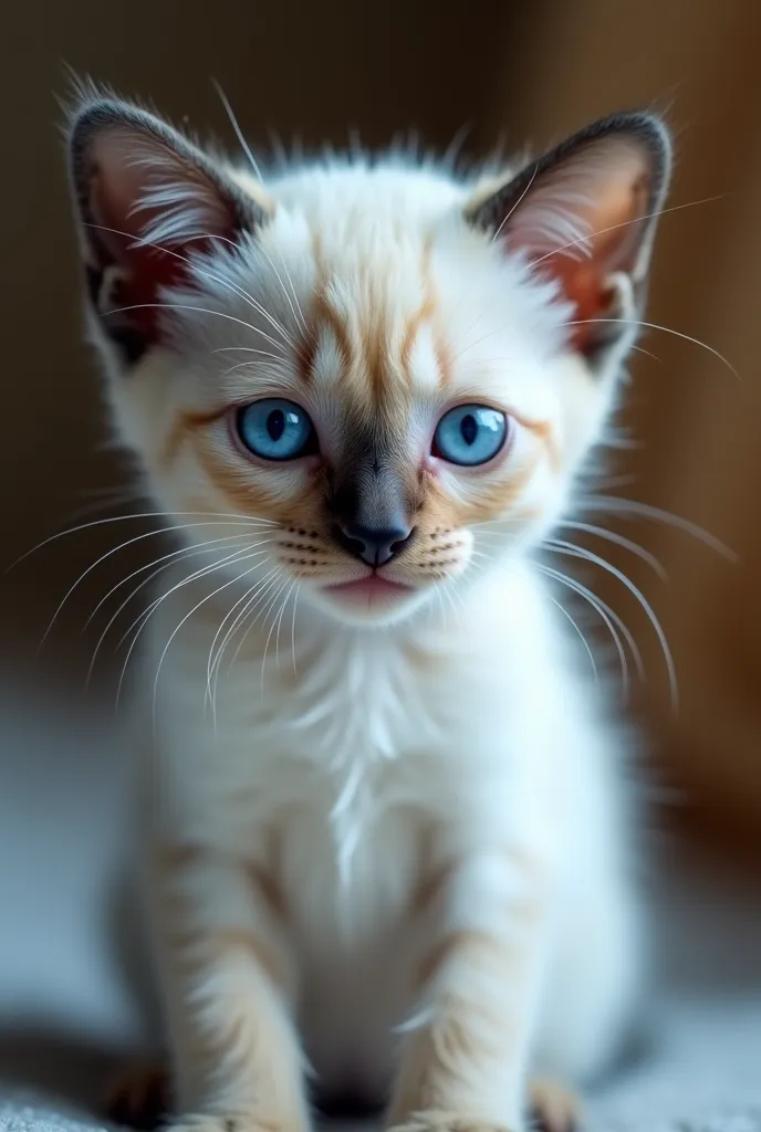 (1 Siamese kitten:1.1), (beautiful blue eyes with sparkle:1.3), has a beautiful white coat, to his face, color and dark gray eyes:1.3, HdR:1.1, 4K textures:1.2, playful:1.1 bathed in a soft cinematic light: 1.2, Captured in a photography lab:1.1, showing its intricate:1.1 and elegant:1.1 distinctive features, centrally framed:1.1, vignette:1.1. The unique features of this Siamese kitten are highlighted through intricate details of its coat.,