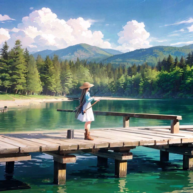 Straight long hair, Have、parasol, Light blue dress, Brown boots, Straw hat,Casual clothing, Relaxed pose, (((Standing on a wooden pier))), Side view, Outdoor natural scenery, Summer Sea, Sea and cumulonimbus clouds in the background, Clear blue sky and white clouds, Natural light, Light from above, Soft Shadows, Calm and relaxed atmosphere, Wide-angle shot, Deep writing depth, Well-balanced exposure