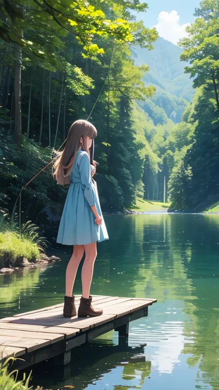 straight long hair, have、fishing rod, light blue dress, brown boots, casual clothing, relaxed pose, standing on a wooden pier, s...