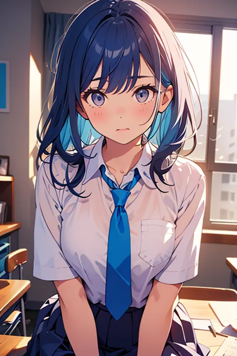 bust up photo、woman leaning her elbows on the desk、blue hair、high school uniform、the shirt is open at the chest、puffing out one&...