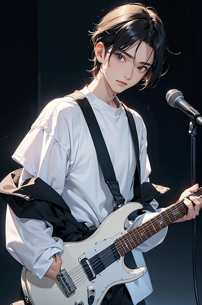  standing confidently with a sleek electric guitar slung over his shoulder, positioned slightly to the side as he gazes off into the distance while singing. His body is slightly angled, offering a clear view of both the guitar and his expressive face, capturing his connection to the music.