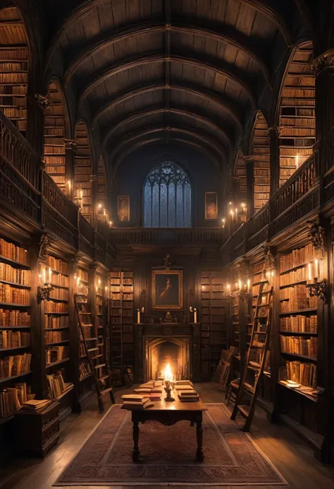 design a detailed image of an ancient gothic library at midnight. tall, dark wooden bookshelves stretch to the ceiling, filled w...